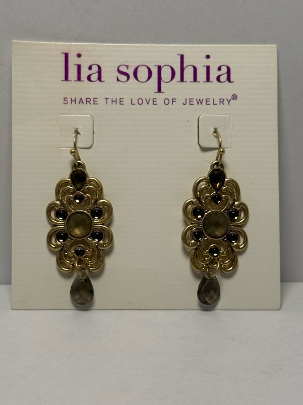 Lia Sophia Gold Tone Filigree Dangle Earrings Brown Stone Drop New